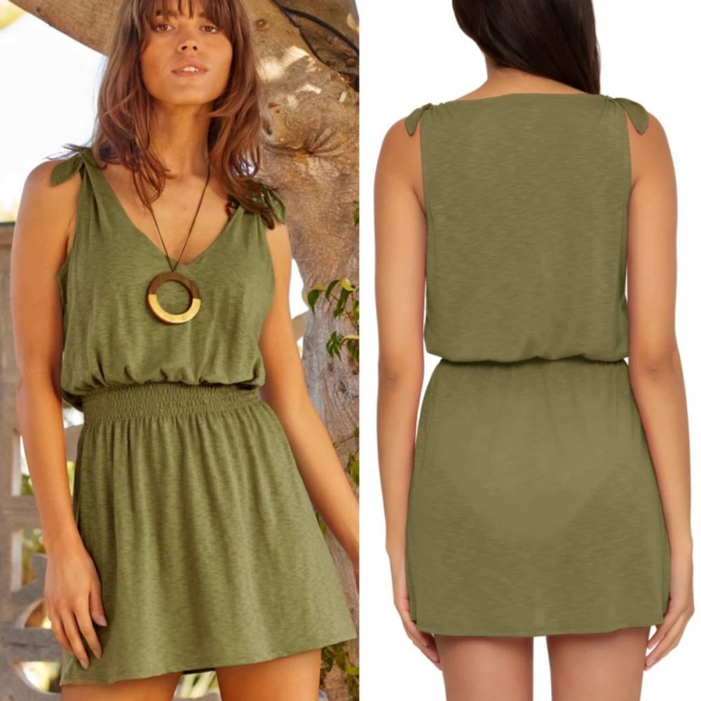 Becca Seaweed Breezy Basic V-Neck Plunge Cover Up Size Large Green Tie Sleeves